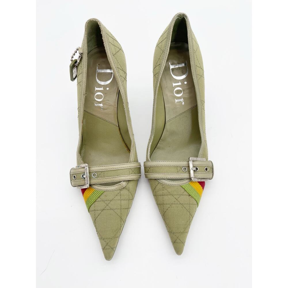 Christian Dior Vintage Green Cannage Rasta Pointed Toe Buckle Pumps Heels EU 37 - Picture 6 of 14
